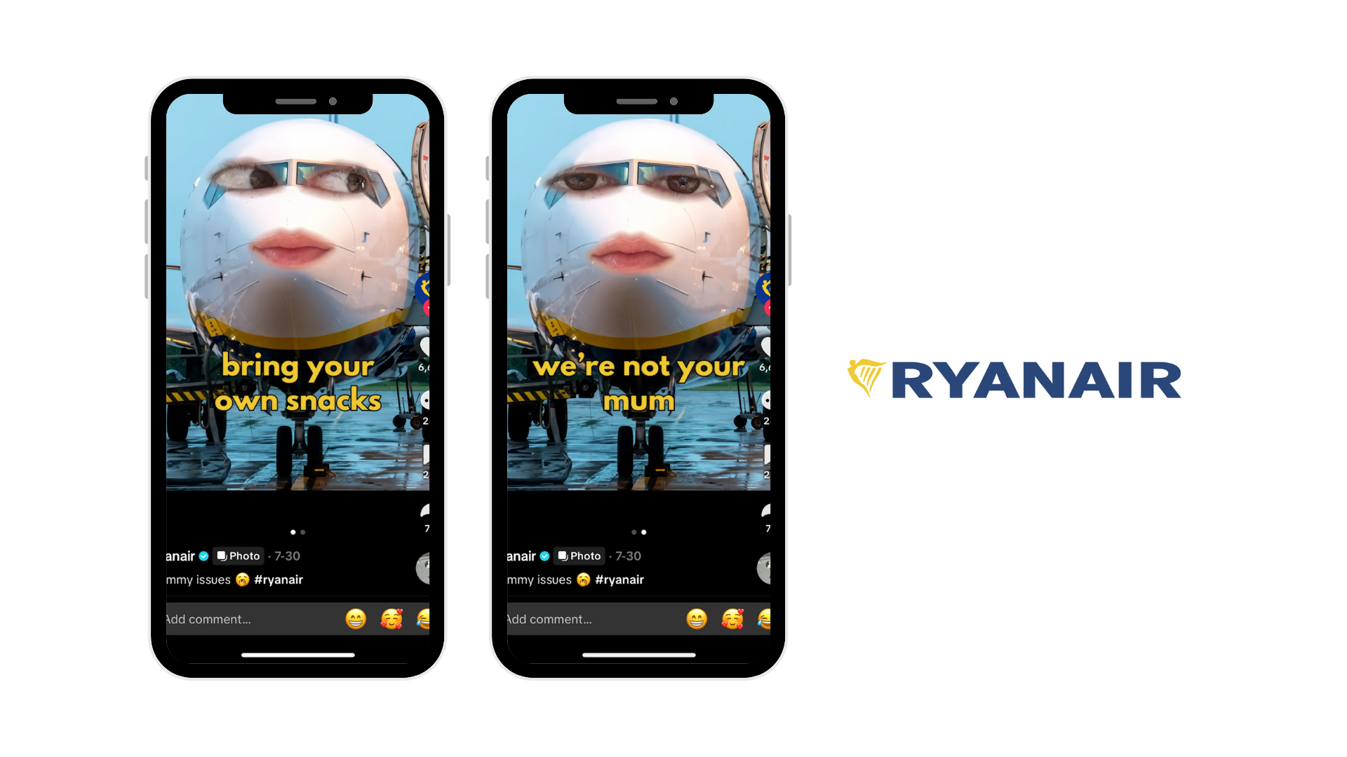 Screenshots of Ryanair's social media page (Instagram) that shows the Ryanair plane with a face on it, and the phrase "Bring your own snacks, we're not your mum" overlaid in yellow text.