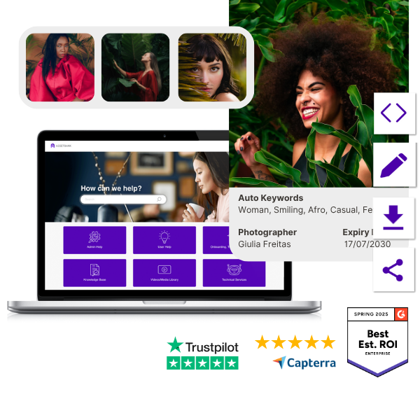This image is a combination of images that pertain to the Asset Bank DAM software. One is a screenshot of the homepage with folders visible, another is an image of a smiling woman with an afro in a leafy setting. This image has auto keywords underneath (Woman, Smiling, Afro, Casual), plus the details of the photographer: Giulia Freitas. It also tells us the expiry date: 17/07/2030. Other images are of 5 star Caperra, 5 star Trustpilot and a G2 shield that says ‘Best ‘Estimated ROI; Spring 2025’.