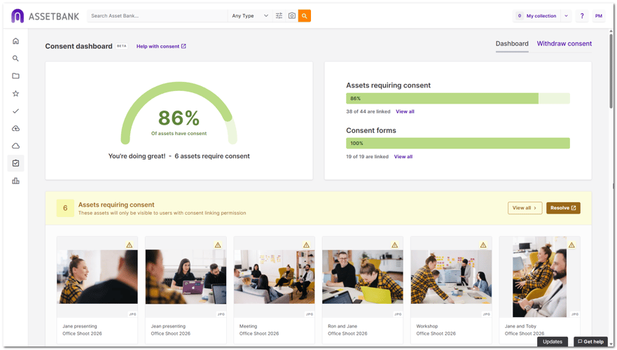 A screenshot of Asset Bank's new consent manager dashboard