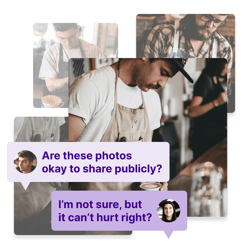 Chat message of colleagues discussing usage rights