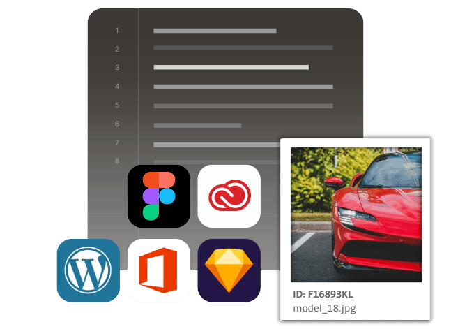 Polaroid of red sports car with logos from Figma, Sketch, WordPress, Microsoft 365 and Adobe Creative Cloud