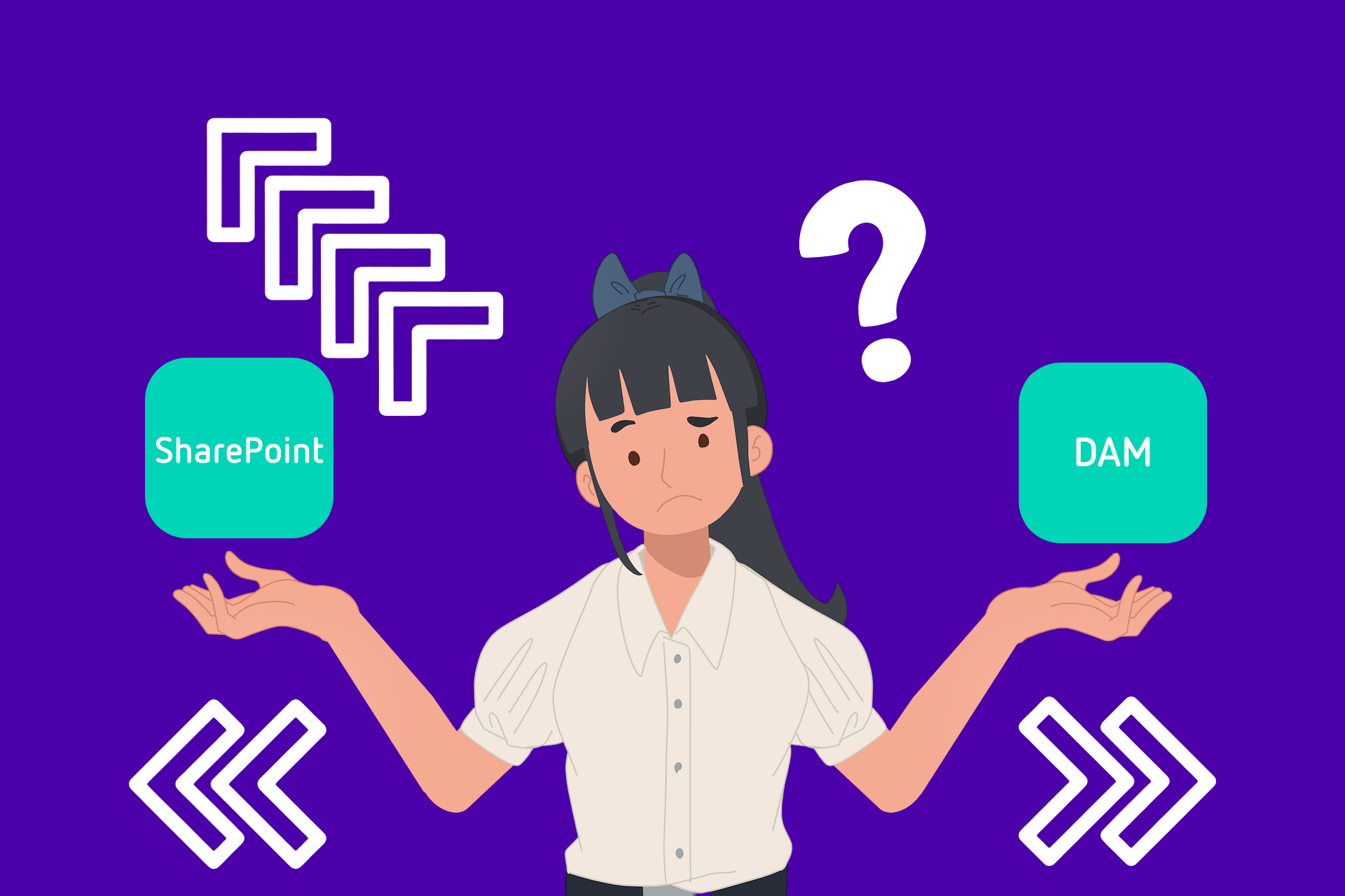 SharePoint vs Digital Asset Management Software. Image is of a cartoon girl shrugging her hands in the air, with 'SharePoint' in a box on the left hand side and 'DAM' in a box on the right hand side.