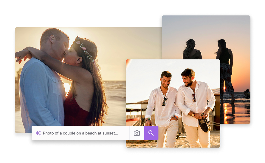 3 images of couples on beaches at sunset. 2 of the couples are gay, one couple is straight. the straight couple are kissing.